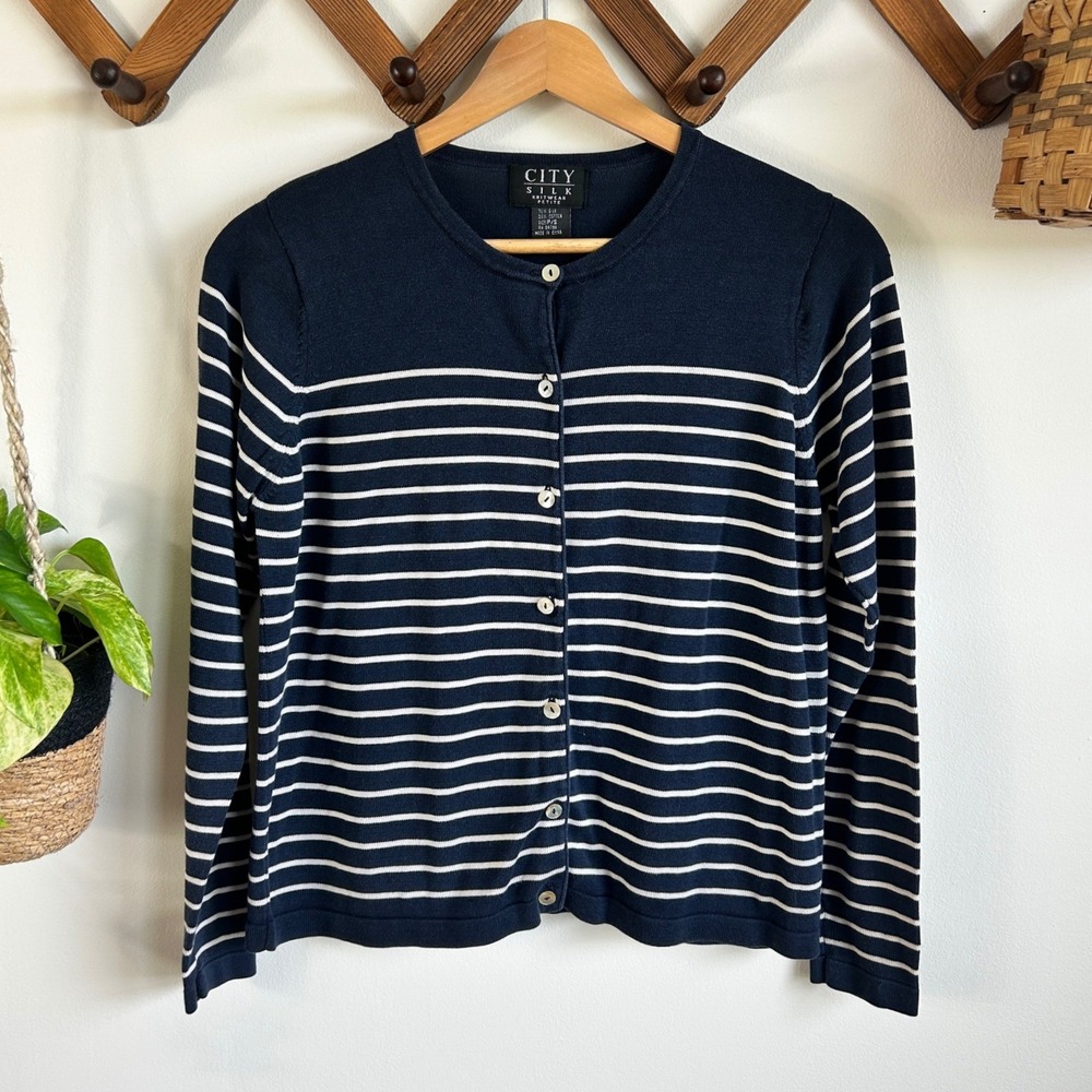 Vintage City 100% Silk Petite Navy Blue White Striped Silk Cotton Cardigan